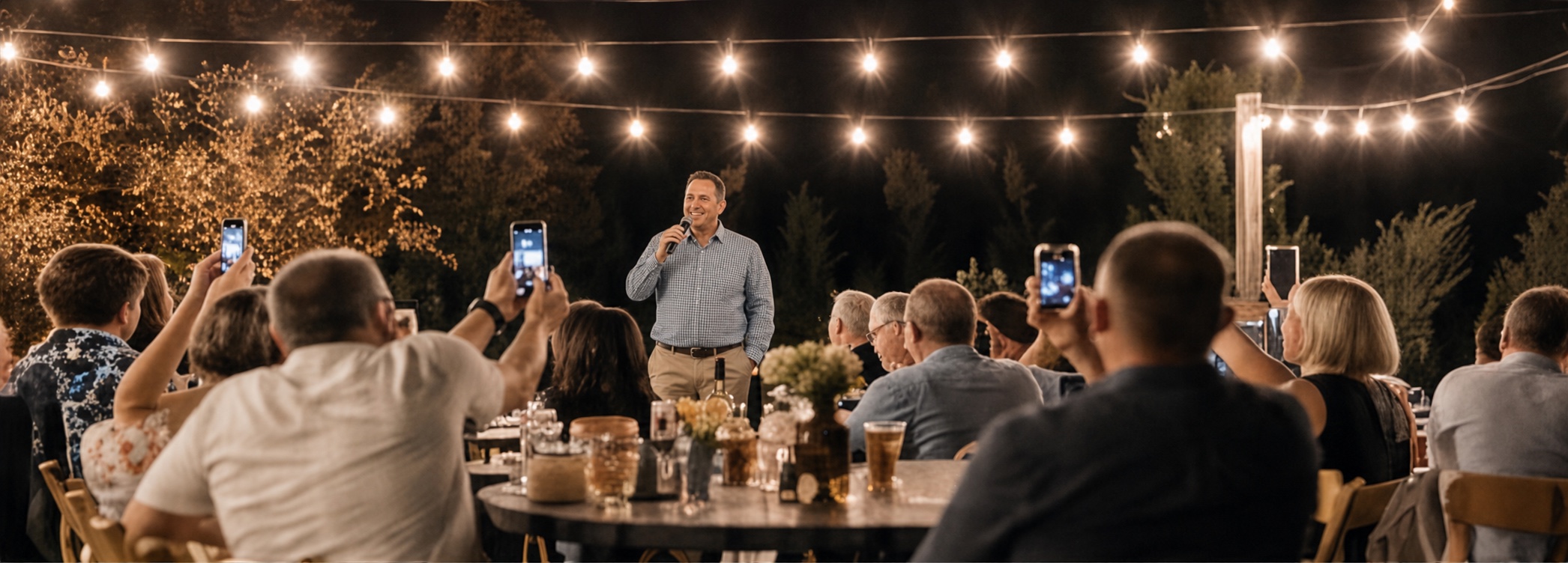 A speaker addressing guests at the Bottoms Up fundraiser